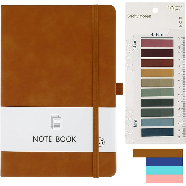 RETON Hardcover Leather Notebook A5 with Colorful Index Tabs, Executive Journal Notebook with Pen Loop and Elastic Closure, PU Leather Hardback Notepad for Office Business School Home (Brown)