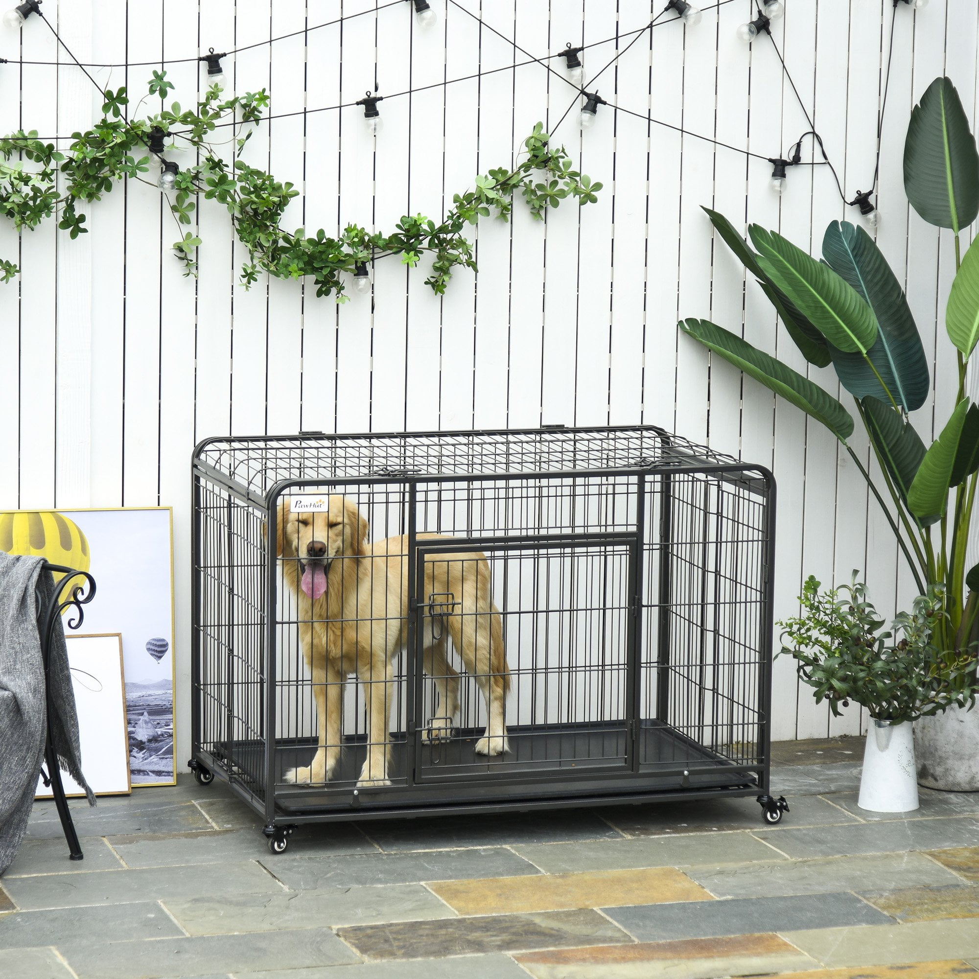PawHut Heavy Duty Folding Design Metal Dog Crate & Kennel with Removable Tray & 4 Locking Wheels 