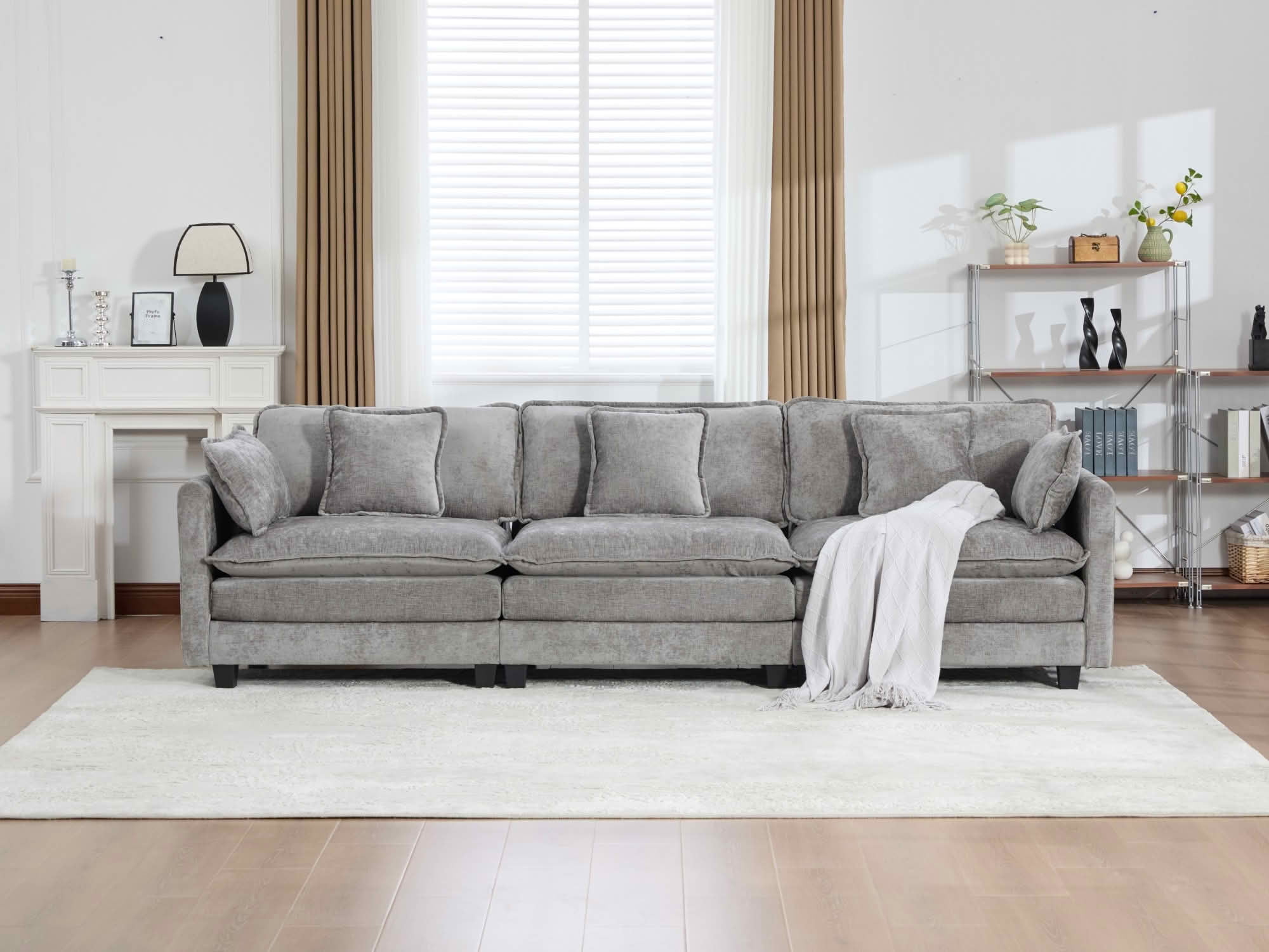 MAYEERTY 113.8 Inch Cloud 3‑Seater Modular Sectional Sofa, Chenille Couch with Double‑Layer Seat Cushion for Home Apartment, Ottoman Not Included