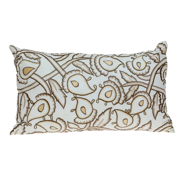 Parkland Collection Celeste White Floral Lumbar Decorative Throw Pillow with Gold and Brown Embroidery, 14 x 24 Cotton Accent Pillow