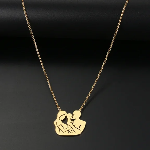 14K Yellow Gold Necklaces Family Love Pendant Choker Men's Chain Fashion Golden Silver Color Necklace For Women Jewelry Party Mama's Gifts