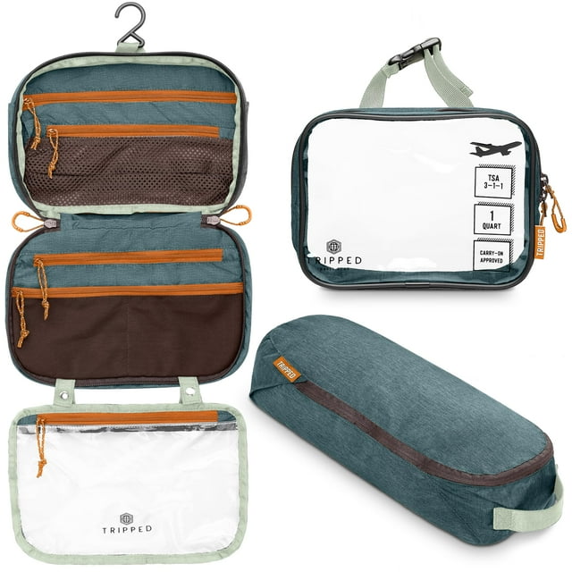Juego de neceser de viaje: neceser de viaje colgante + bolsa de líquido cosmético 311 TSA + bolsa organizadora de accesorios ultraligera (verde)