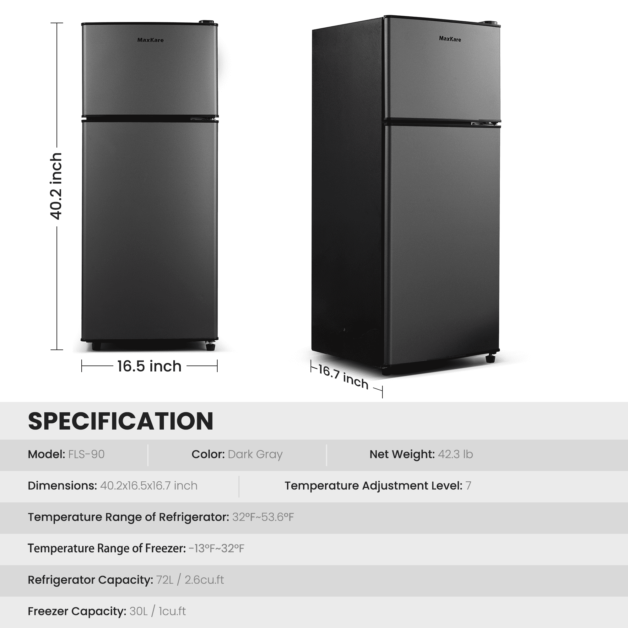 MaxKare 3.6 cu.ft Mini Fridge with Freezer, Perfect for Dorm, Small Spaces, Large Capacity, Energy Efficient- Dark Gray