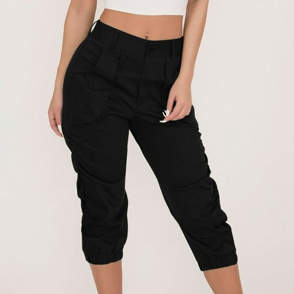 Lroveb Capri Pants for Women, Womens High Waisted Cargo Pants, Casual Cropped Pants Trousers Harem Pocket Beam Loose Shorts Foot Black