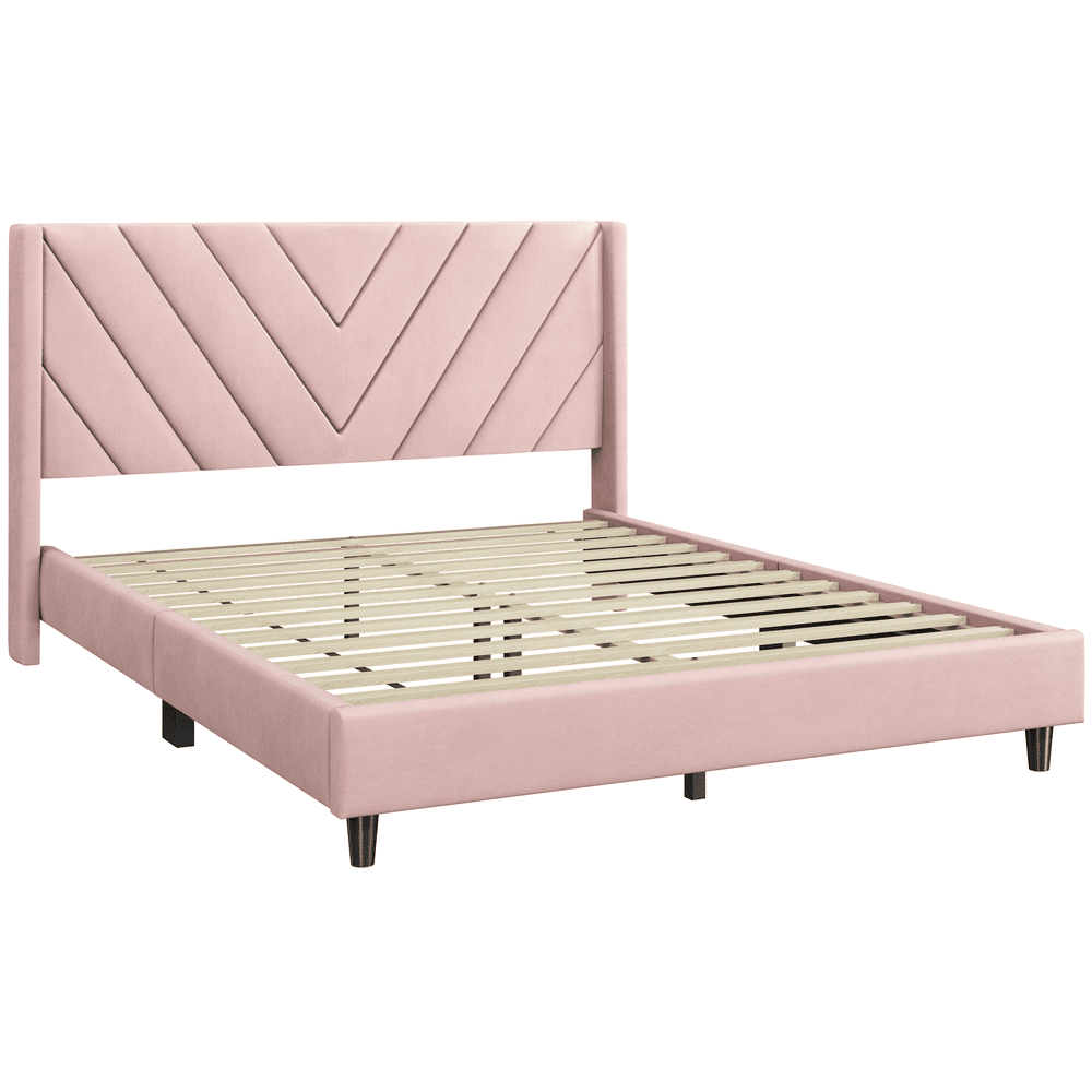 Renwick Queen Size Upholstered Platform Bed Frame with Tufted Headboard, Pink, Adult