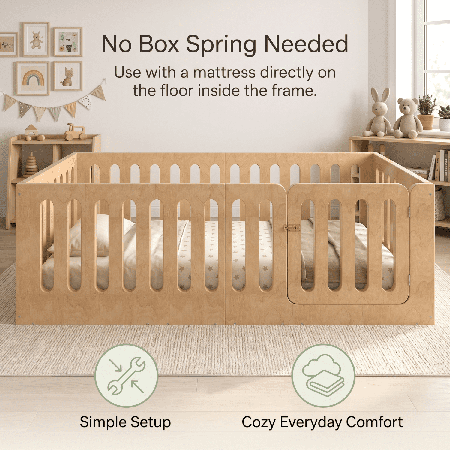 Miniyam Twin Floor Bed for Kids with Door and Guardrails, Low-Profile Wood Bed Frame, Natural