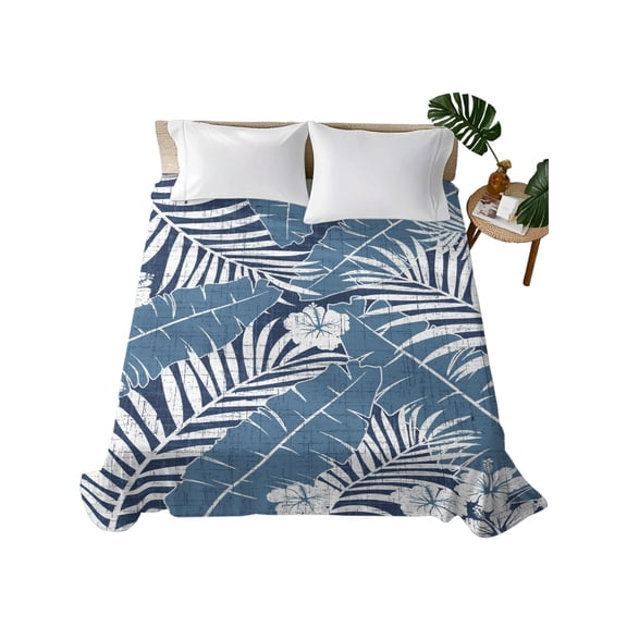 Queen Flat Sheet Blue Tropical Palm Leaves Flat Sheets Only Soft Breathable Microfiber Bedding Top Sheets Luxury Hotel Quality Jungle Floral Monstera Queen Bed Sheet for All Season Bedroom Dorm