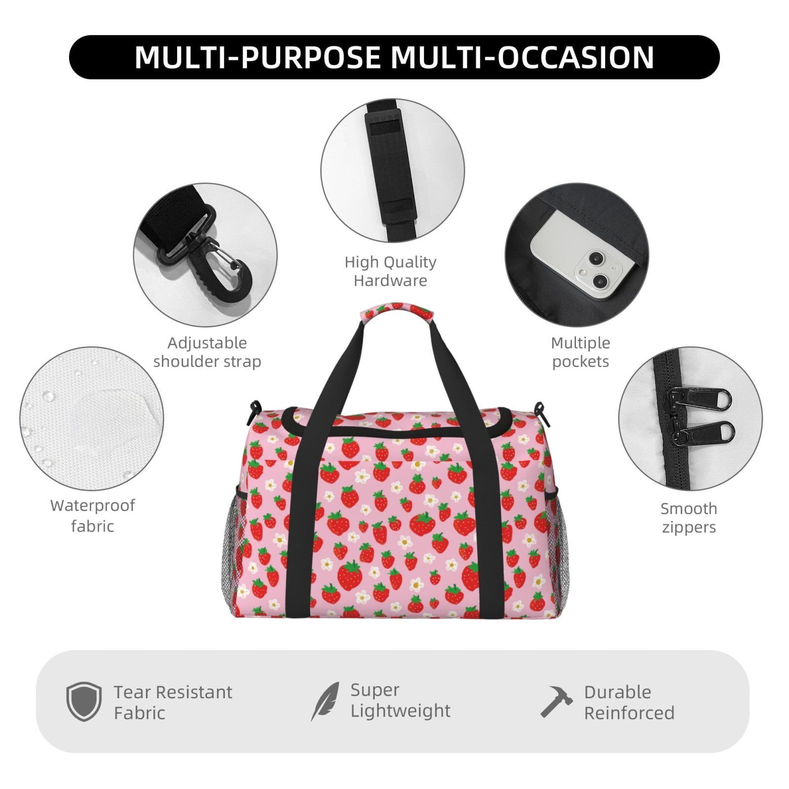 Fuzoiu Hand Drawn Strawberry Print Travel Duffle Bag,Carry On Tote Bags,Duffel Bag,Sport Gym Bag, Hospital Bag for Labor and Delivery, Overnight Bag,Luggage Bag