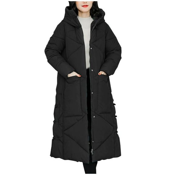 Busydd Winter Coats for Women Fashion Long Hooded Puffer Jacket Casual Solid Color Cotton Warm Winter Jacket Zip Up Long Sleeve Down Outerwear with Pockets