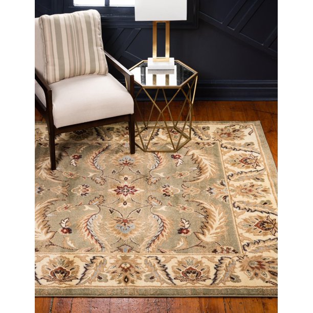 Unique Loom Hickory Voyage Rug Green/Light Blue 4' 1" Square Border