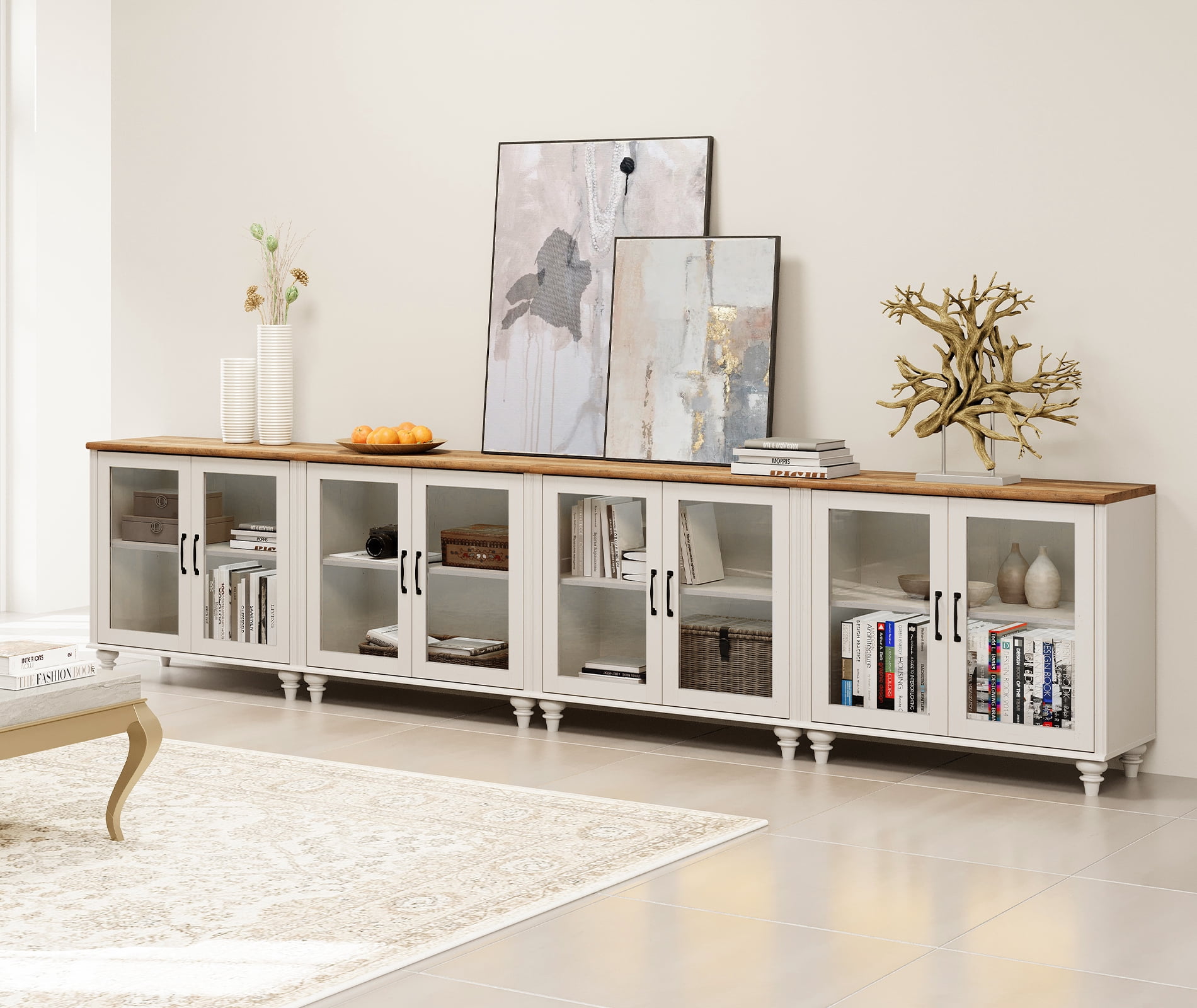 Mid Century Morden Style TV Stand for 100 Inch, Ample Storage Cabinet with 8 Glass Doors, Wooden Entertainment Center Storage Cabinet for Living Room or Dining Room or Bedroom, Off White