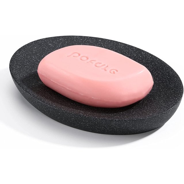 Soap Dish Tray, Resin and Grit Mixed Soap Holder Container Box, Marble Pattern Oval Soap Plate, Sponge Dish Tray for Bathroom Sink Bedroom Vanity Kitchen Counter-Top Organizer, Gravel Black