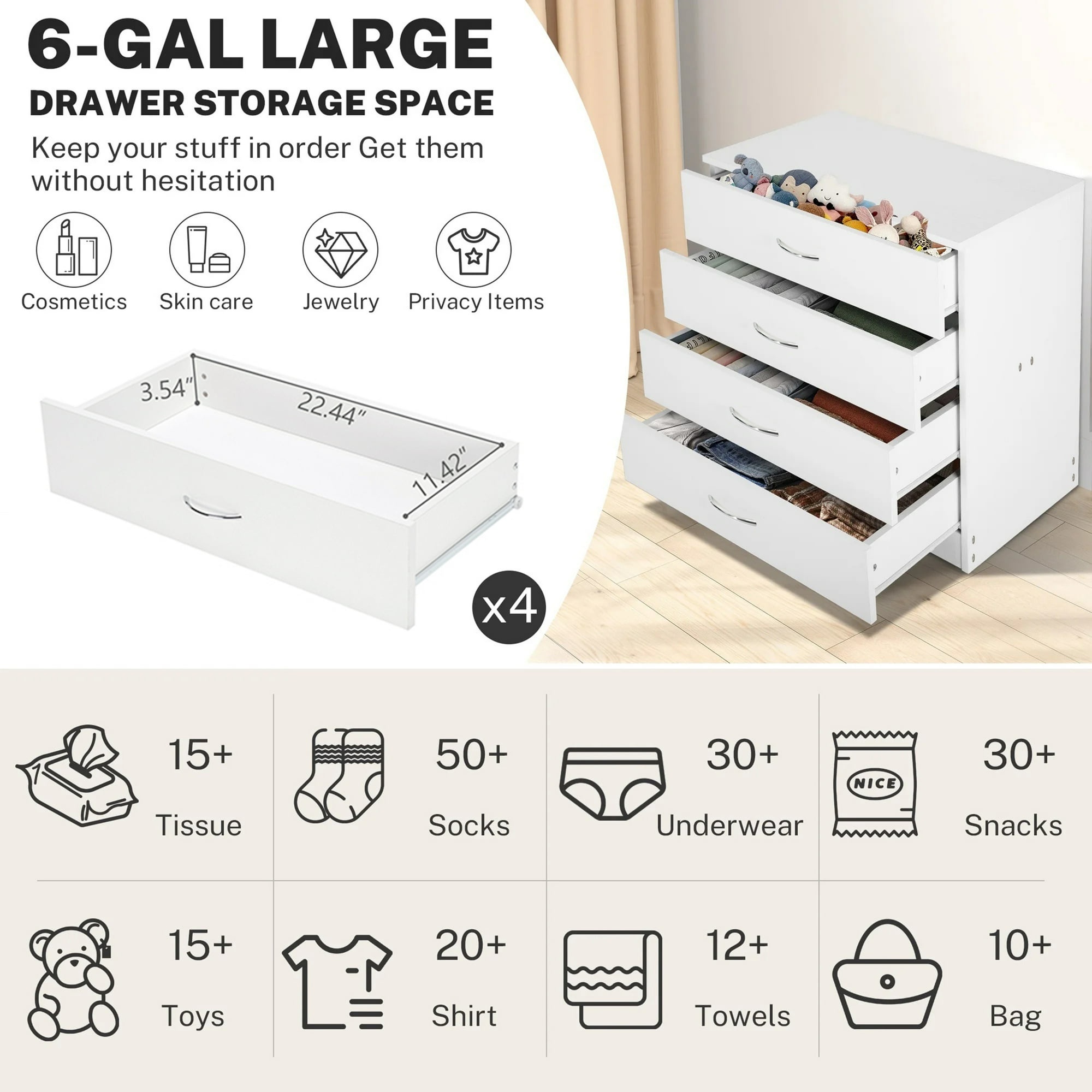 Enyopro 4 Drawer Dresser for Bedroom, White Wooden Chest of Drawers, Modern 4 Drawer Chest Storage Dresser for Closet, Living Room, Hallway