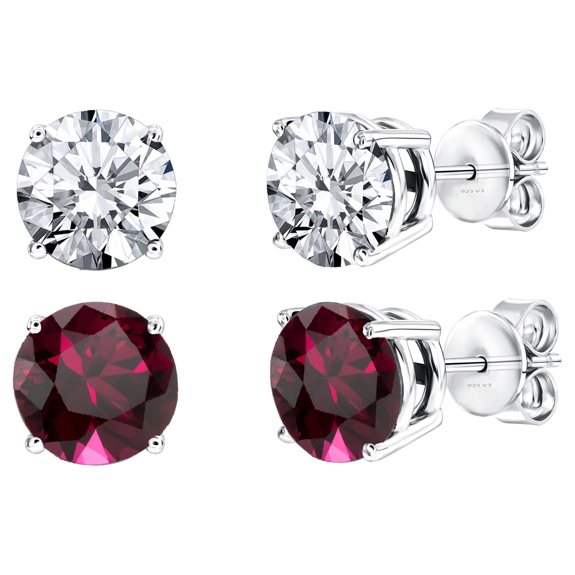 Sterling Silver Set of Two Ruby and Natural White Topaz Stud Earrings