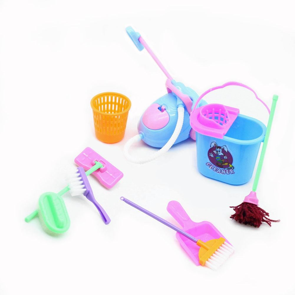 Aktudy 9pcs Girls Doll Pretend Play Toys Mop Broom Cleaning Tools Kits