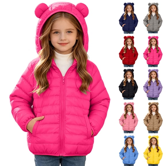 Winter Puffer Coat with Bear Ears for Boys Girls, Long Sleeve Hooded Zip Up Cotton Outerwear Jacket with Pockets, Hot Pink 10-11 Years