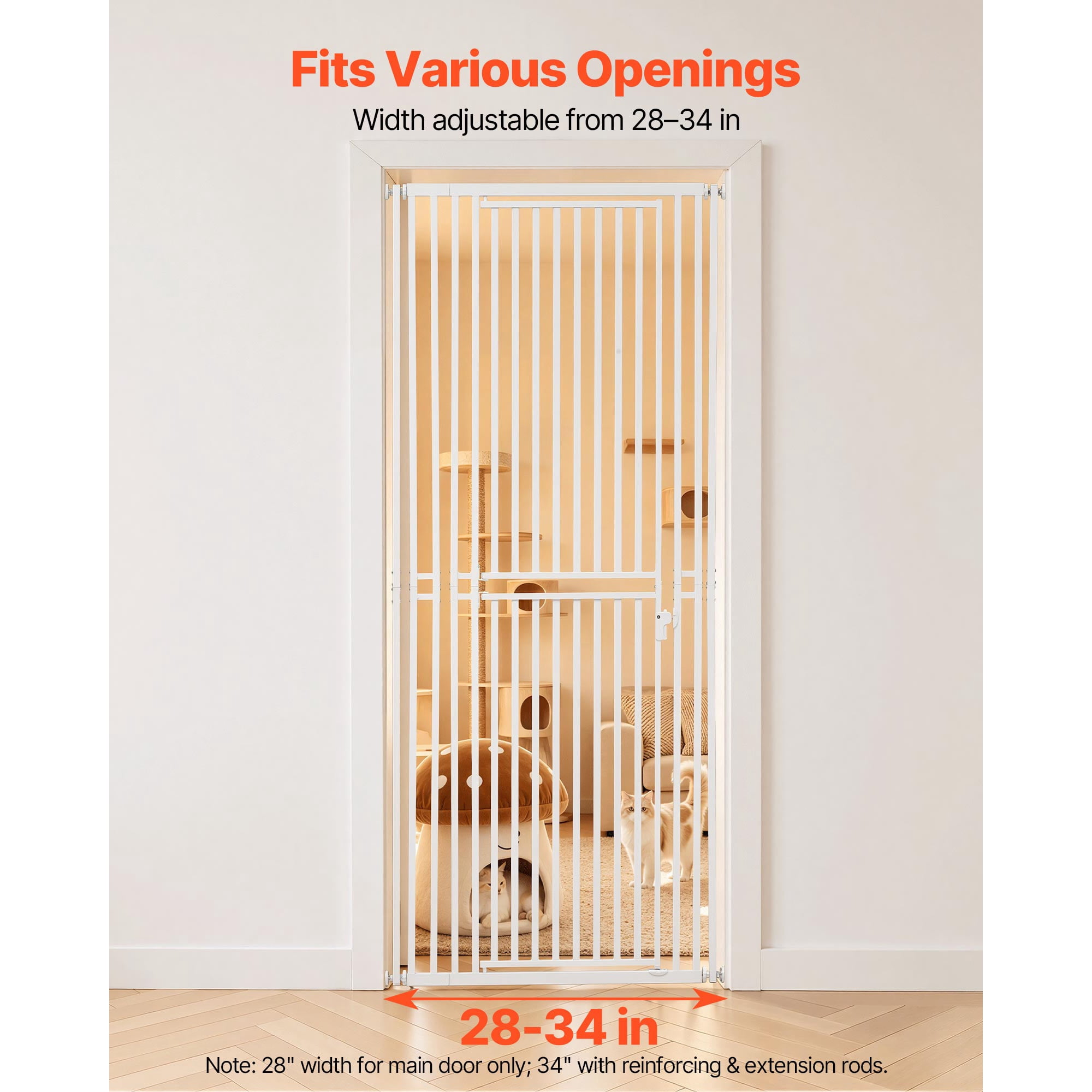 KFFKFF Extra Tall Pet Gate for Cats, Adjustable Width 28-34 in, 78.7 in High Dog Gate with Pressure and Wall Mount Kits, 1.2 in Narrow Bar Spacing, Suitable for Stairs, Doorways, and Home Use, Black