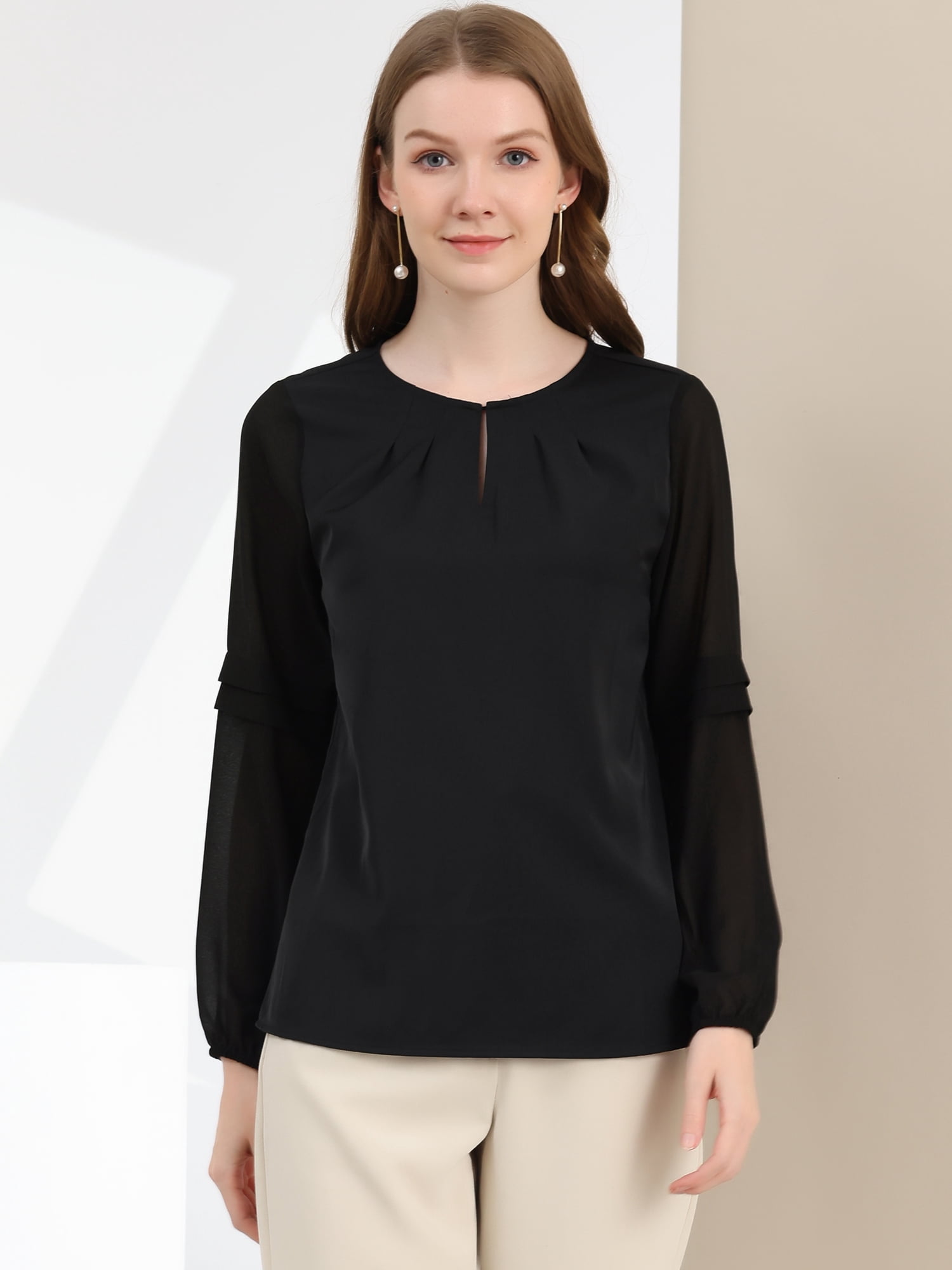 DARING DIVA Chiffon Semi Sheer Long Sleeves Keyhole Neck Blouse XS Black