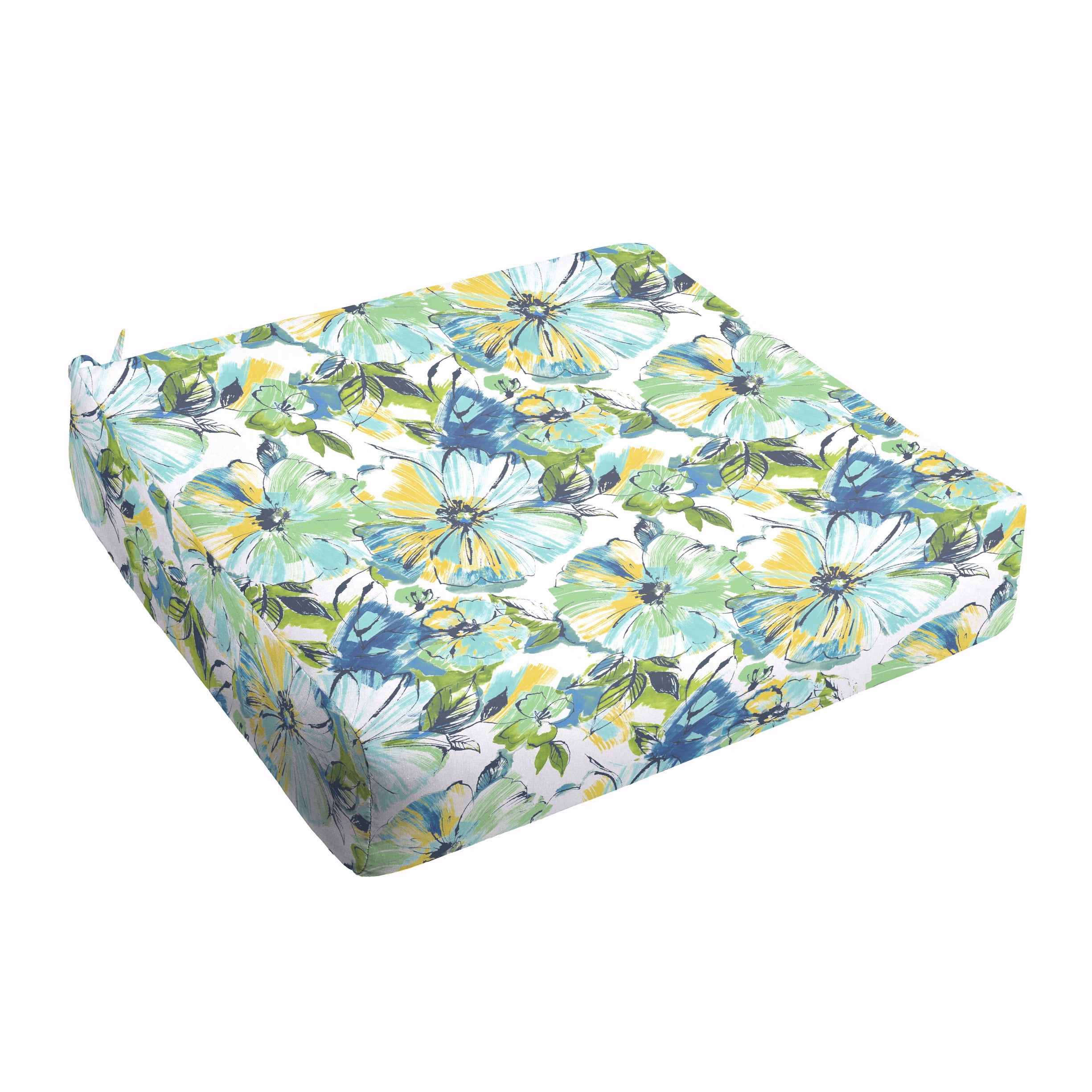 Green Blue Floral Indoor/Outdoor Deep Seating Cushion, Round Front