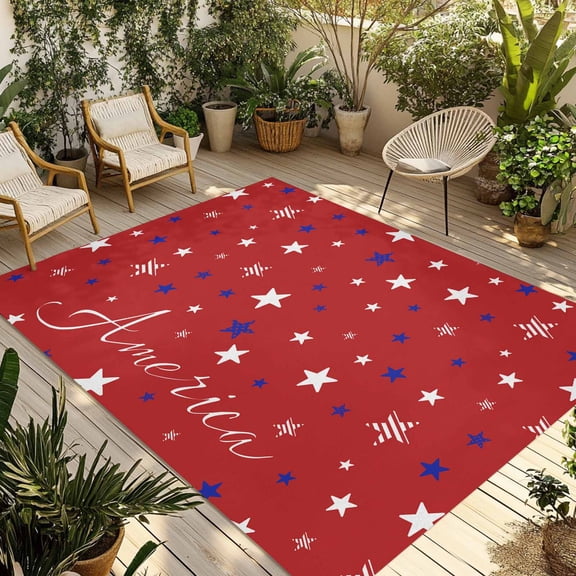 4th of July Outdoor Rug 4x6 Ft - Reversible Patio Rug Outdoor Camping Rugs, Red Independence Day White Blue Star Washable Indoor Outdoor Area Rugs, Non-Slip Outdoor Carpet Runner for Deck/Porch