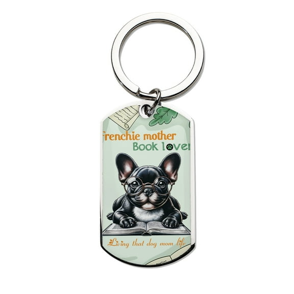 French Bulldog Frenchie Mother Book Lover Happy Mother's Day Stainless Steel Keychain Dog Lover Gifts Collar Charm Tag Keyring - 03004