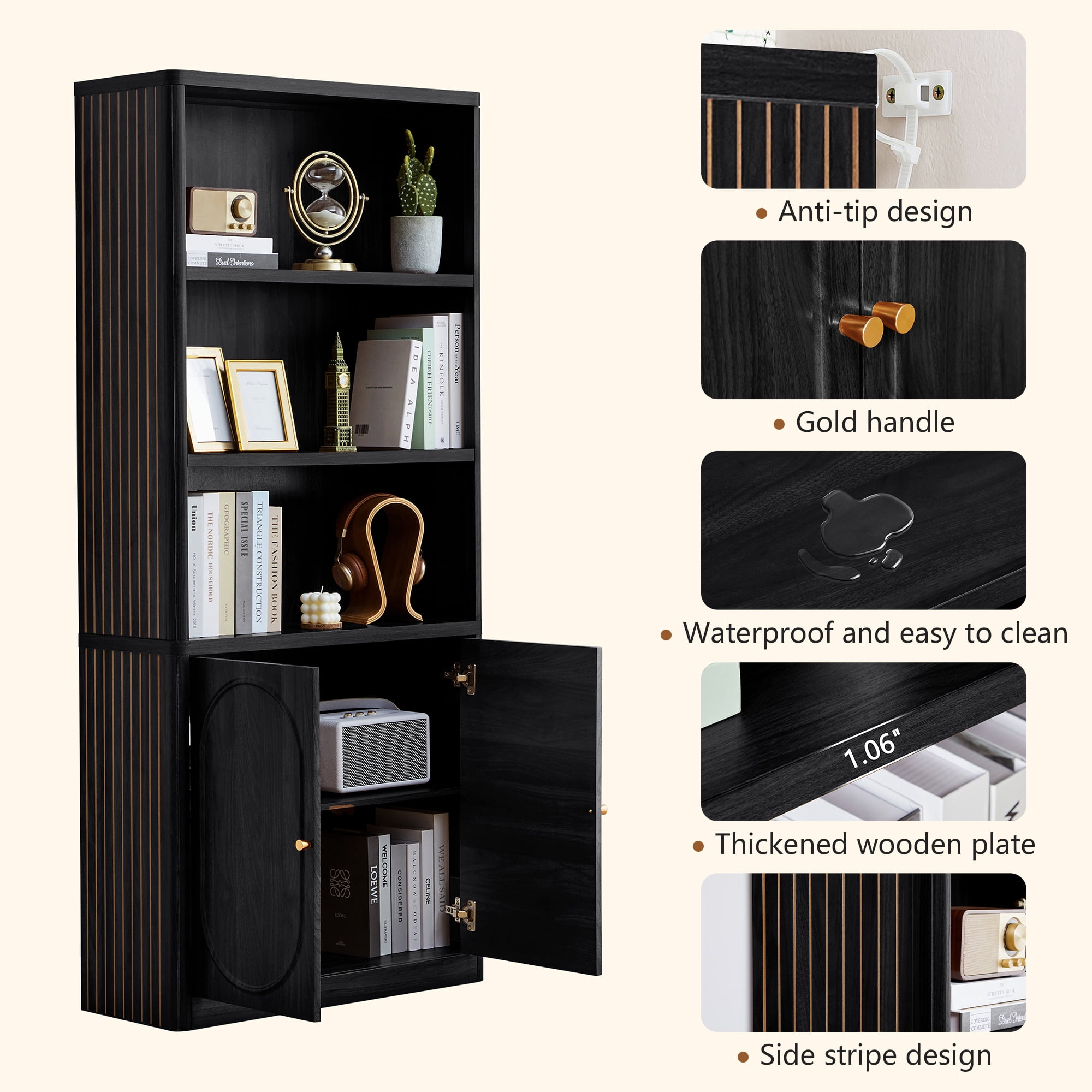 Weselon 5 Tier Bookcase with Storage Cabinet, Tall Bookshelf with Display Cubicles, Farmhouse Large Bookcase for Home Office Living Room, Black