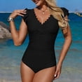 thumbnail image 4 of UTSJKR Women's Ruffle V-Neck Wrap One-Piece Swimsuit, Tummy Control Bathing Suit with Short Sleeves for Pool Black L, 4 of 8
