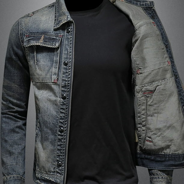 Atogsazn Mens Casual Demin Jacket Zipper Slim Fitting Long Sleeve
