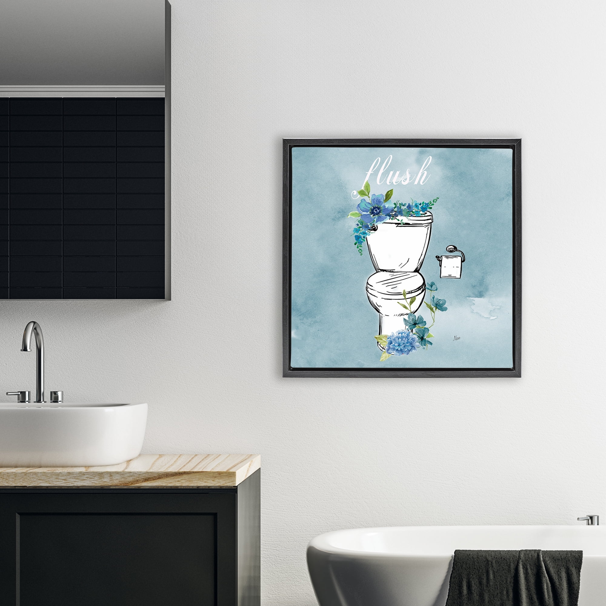 Stupell Industries Floral Bathroom Rules Flush Black Framed Floater Canvas Wall Art, design by Nan