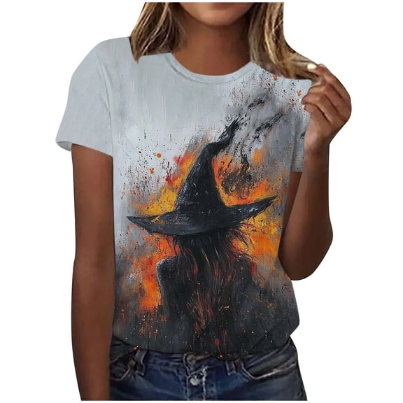 Witch Cute Graphic T-Shirt for Women Crew Neck Short Sleeve Loose Casual Tops Fall Tees Multicolor M