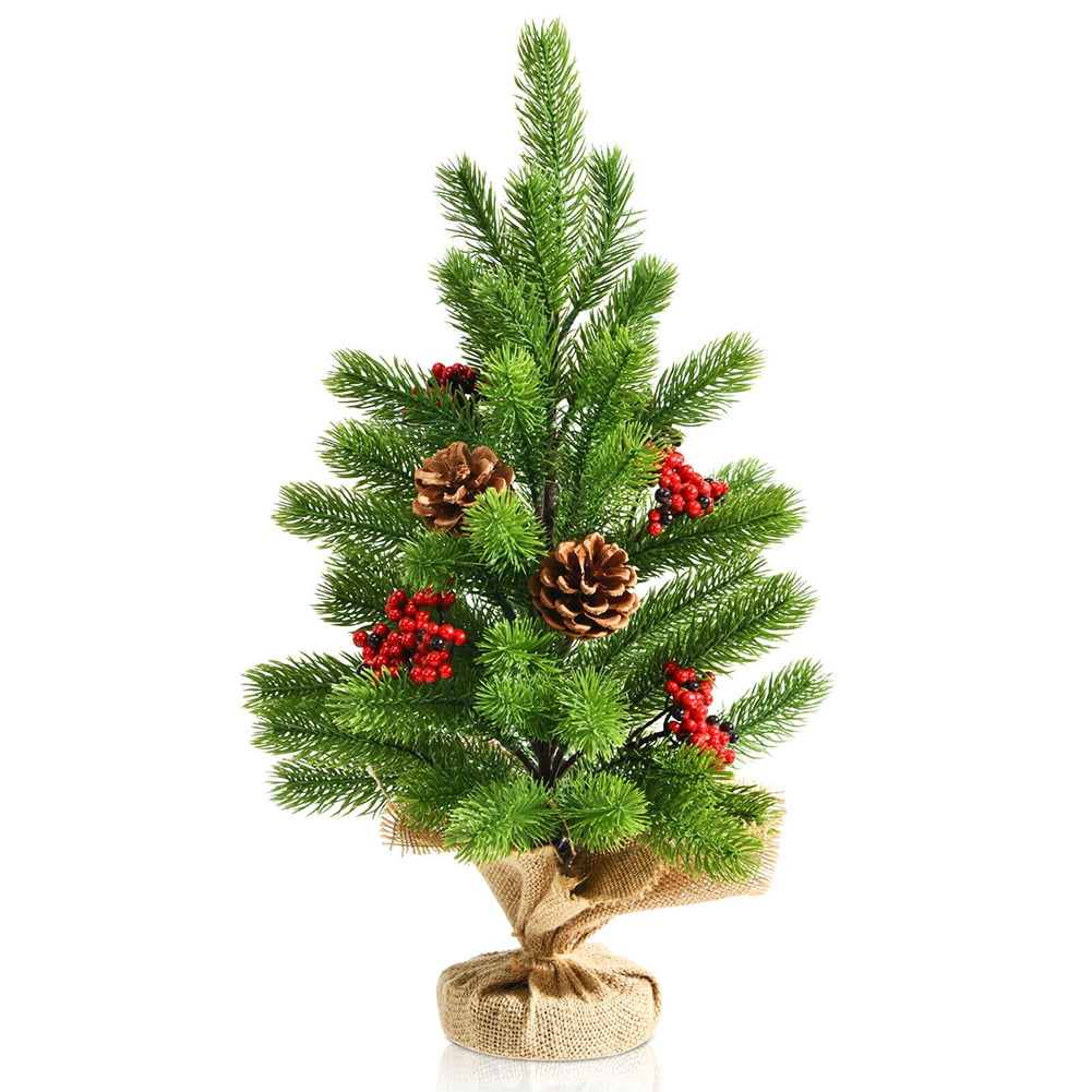 Kepooman 20" Small PE Table Top Christmas Tree with Pine Cones & Red Berries for Home Decor, Green