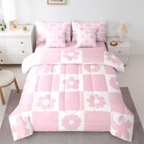 Homewish Cartoon Pink Flowers 7-Piece Twin Bedding Sets for Female Men Teens,Retro Vintage Floral Bedding Comforter Set,Geometric Grid Buffalo Breathable Sheet Sets,Microfiber Bedroom Decor