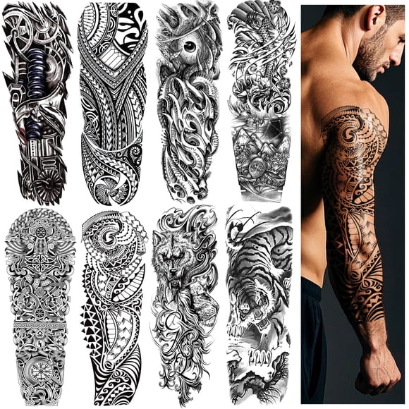 8 hojas de tatuajes temporales de brazo completo, negros, aterradores, para hombres, adultos, tatuajes militares, manga para mujeres, tótem impermeable, cuerpo, brazo, pecho, hombro, lobo, flor, tatua