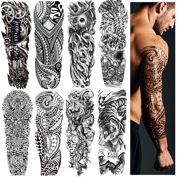 8 hojas de tatuajes temporales de brazo completo, negros, aterradores, para hombres, adultos, tatuajes militares, manga para mujeres, tótem impermeable, cuerpo, brazo, pecho, hombro, lobo, flor, tatua