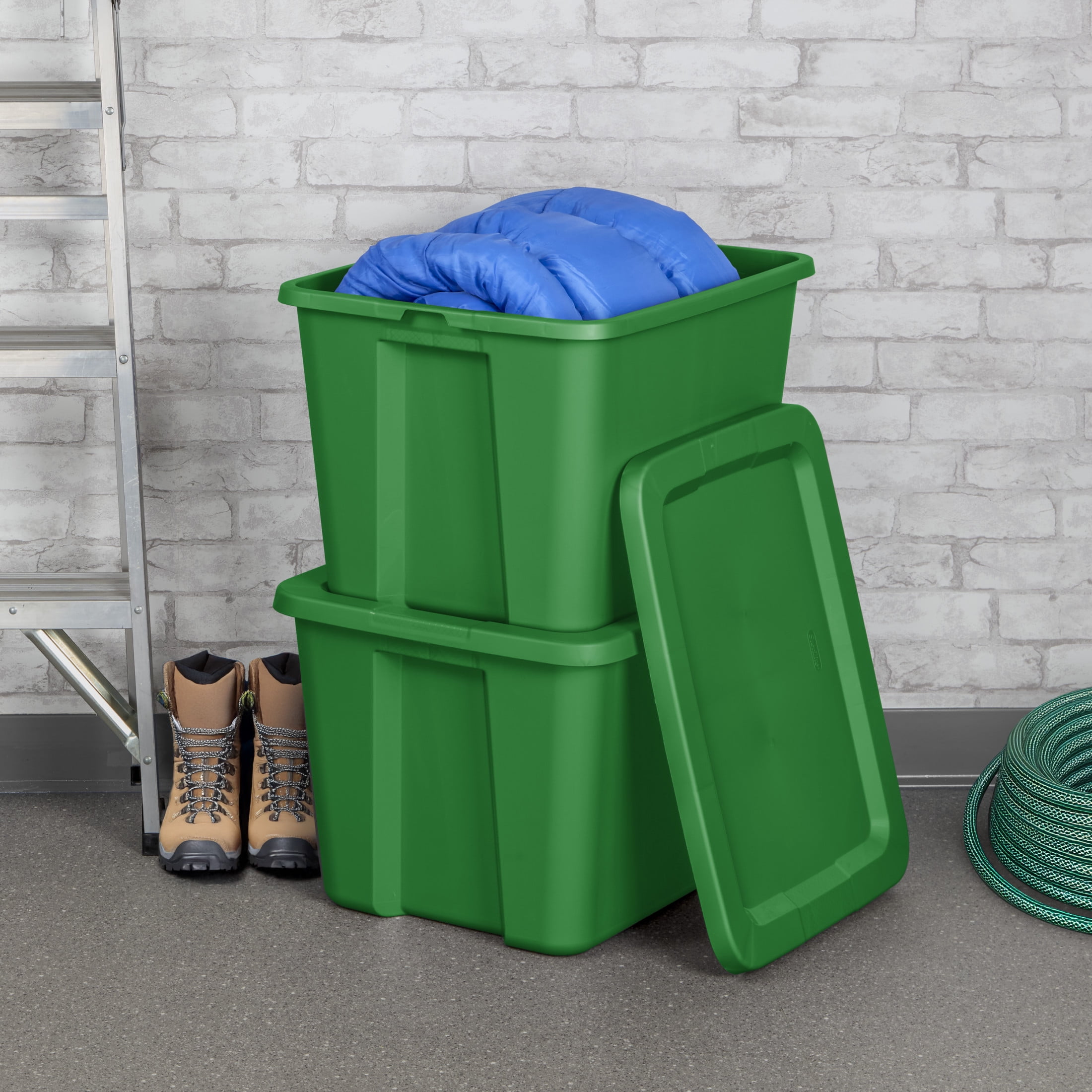 Sterilite 18 Gallon Tote, Plastic Christmas Storage Bin with Snap-on Lid, Ideal for Holiday Linens, Décor, Keepsakes and More, Green