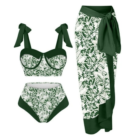 3 Piece Swimsuits for Women High Waisted Bikini Sets Retro Swimsuit with Cover Up Beach Wrap Skirt Tummy Control Bathing Suit Green 2XL Clearance