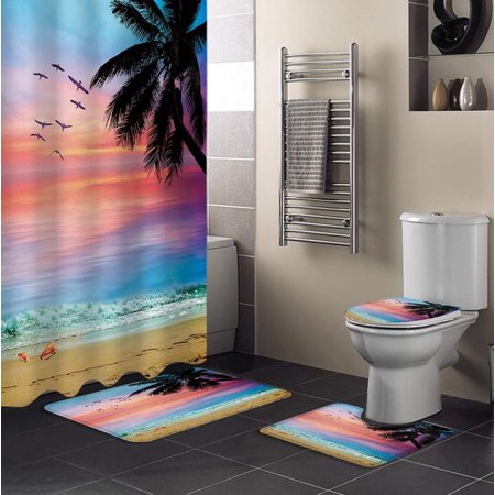 ZHANZZK Seaside 4 Piece Bathroom Set Shower Curtain Bath Rug Contour Mat and Toilet Lid Cover