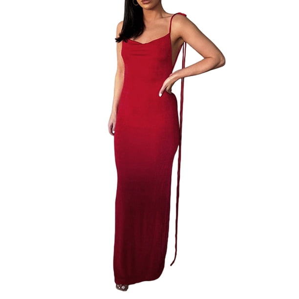 VISgogo Vestido sin mangas con espalda abierta para mujer, falda larga hasta el suelo con correa de espagueti de color sólido, negro/beige/azul VISgogo moda