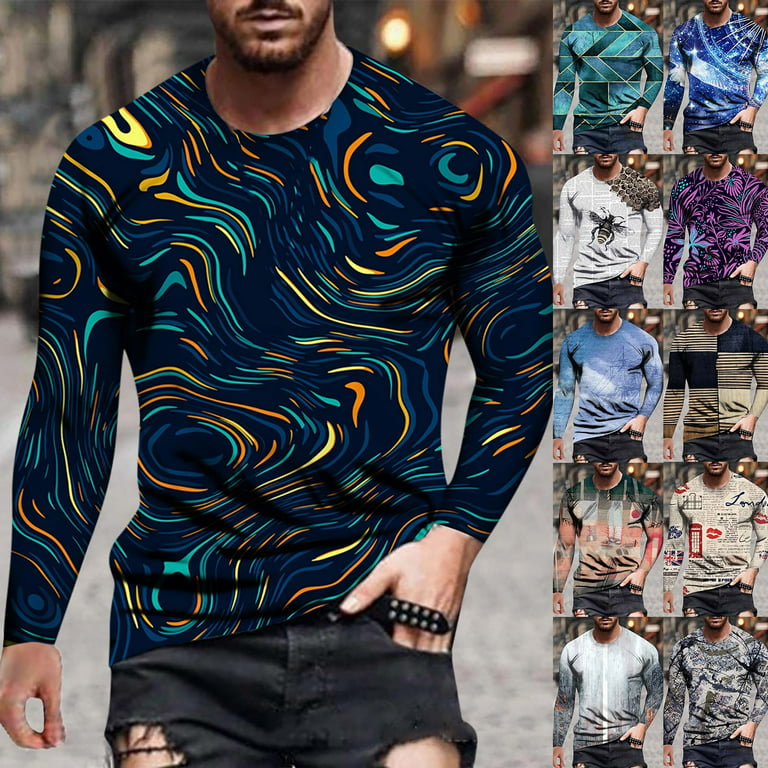 Dtydtpe Clearance Sales, Long Sleeve Tee Shirts for Men, Men's Autumn and Winter Casual Fashion Printed Round Neck Long-Sleeved Shirt Mens Shirts