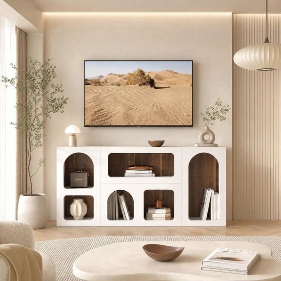 Finmind 59'' TV Stand, Wooden Entertainment Center for 50-65 Inch TV, Living Room, Bedroom, White