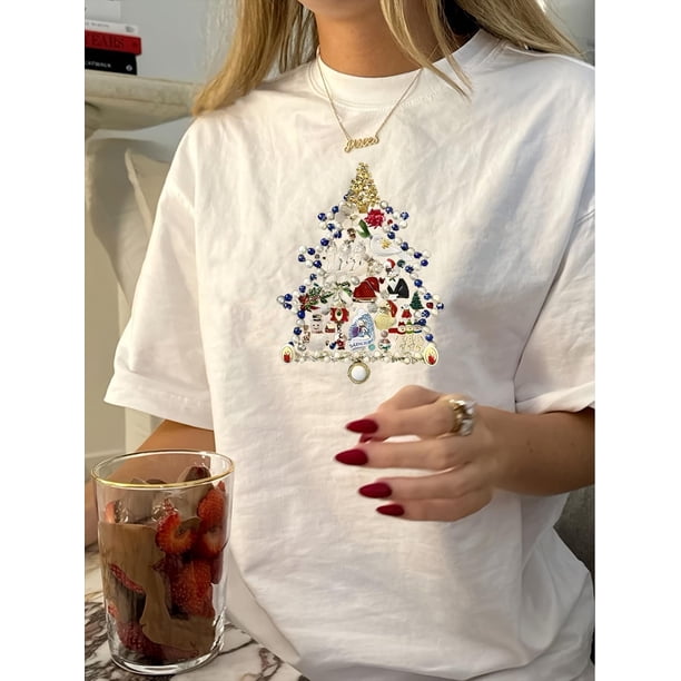 1pc Vintage Christmas Tree Print T-Shirt for Women, Polyester Knit Fabric, Crew Neck, Short Sleeve, Regular Length, Geometric Pattern, Casual Summer Top