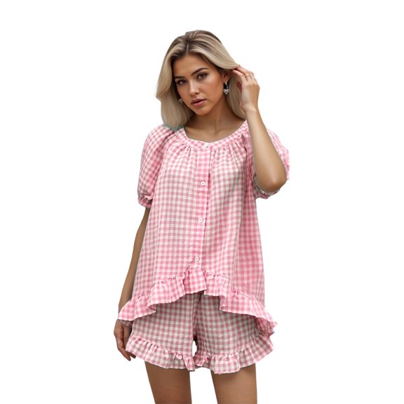 LMLYSoH Women Plaid Set, Short Sleeve Ruffled Shirt with Elastic Waist Shorts Summer Outfit