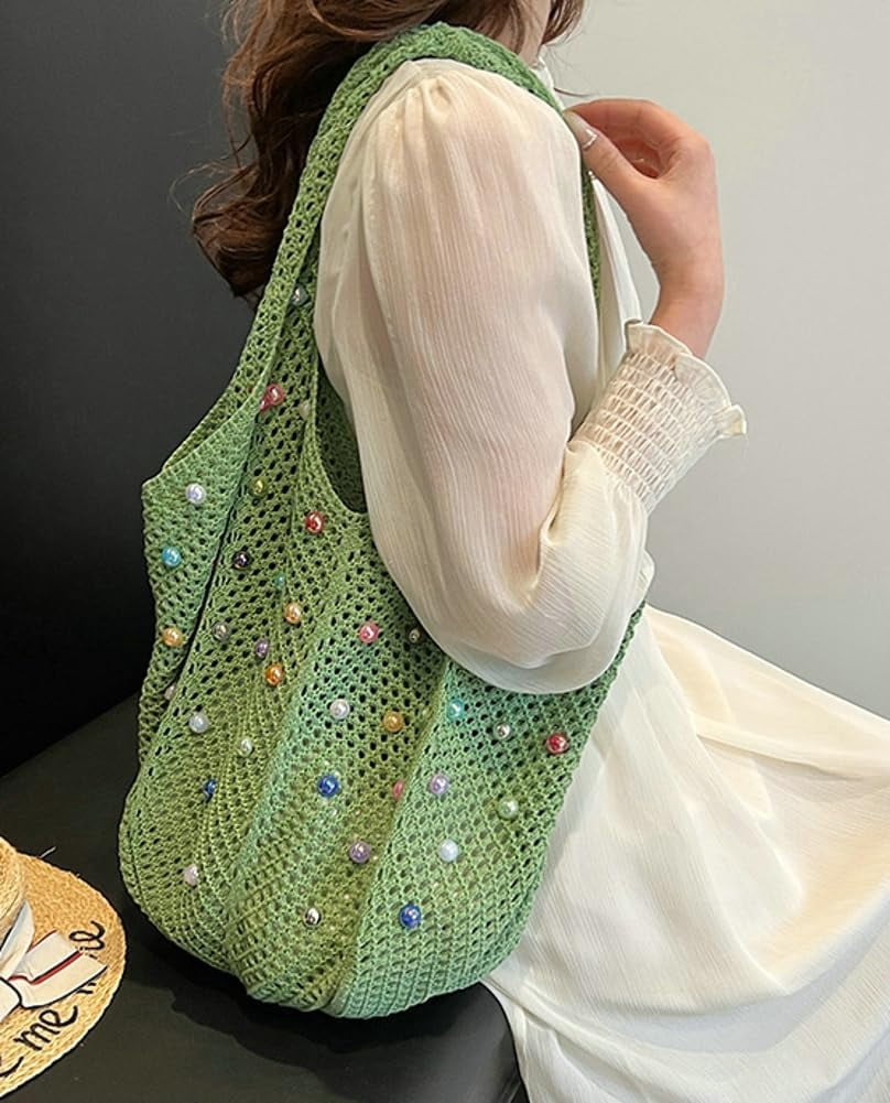 Zhengup Woven Tote Bag for Wineb Crochet Hobo Bags Beaded Shoulder Bag Trendy Knit Hollow Summer Beach Handbag Purse