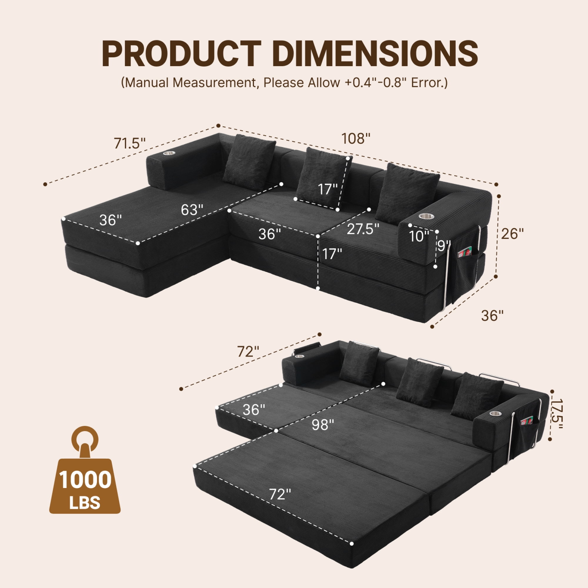 Leumius 108" Modular Sectional Sofa with L-Shape Chaise, Boneless Cloud Couch with Deep Seat for Living Room, Bedroom Black