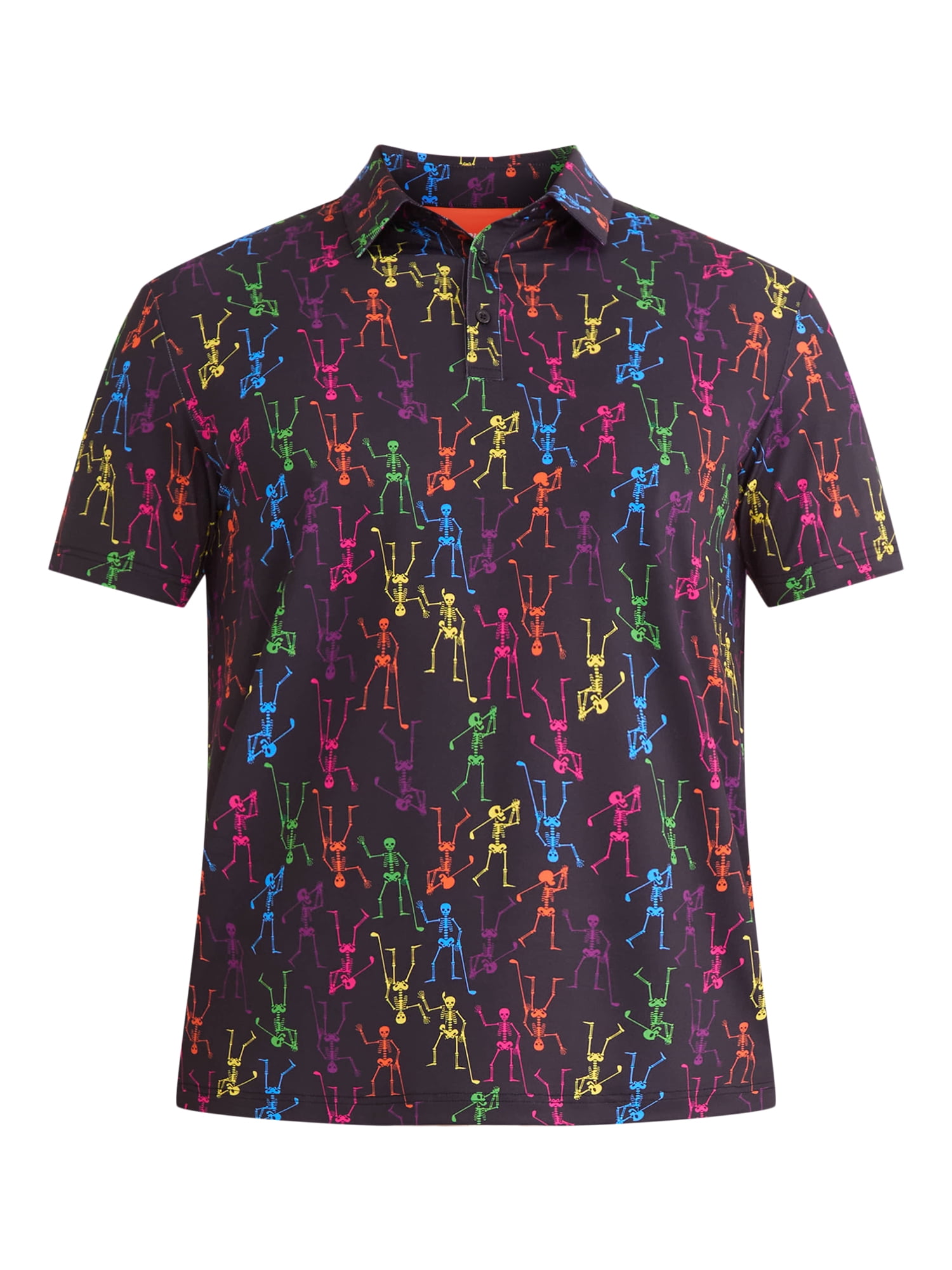 Birdie Bound Men's and Big Men's Halloween Neon Skeletons Golf Polo Shirt with Short Sleeves, Sizes S-5XL