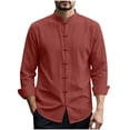 thumbnail image 3 of UVEASISHA Mens Cotton Linen Shirts Roll Up Long Sleeve Stand Collar Beach Shirt Lightweight Casual Chinese Frog Button Work Shirts Solid Color Collarless Tops Wine S, 3 of 10