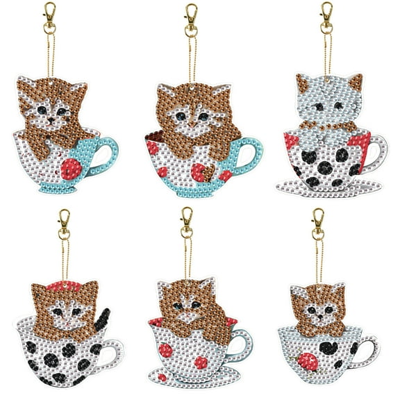 6pcs Diamond Painting Keychain Kit Cup Cat DIY 5D Sparkling Rhinestone Pendant Craft Kit Perfect for bags, keys, or gift-making