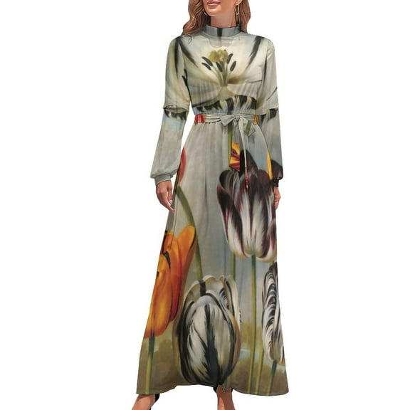 Fractal Flower Print Dress Abstract Modern Kawaii Graphic Maxi Dress High Neck Long Sleeve Street Fashion Bohemia Long Dresses