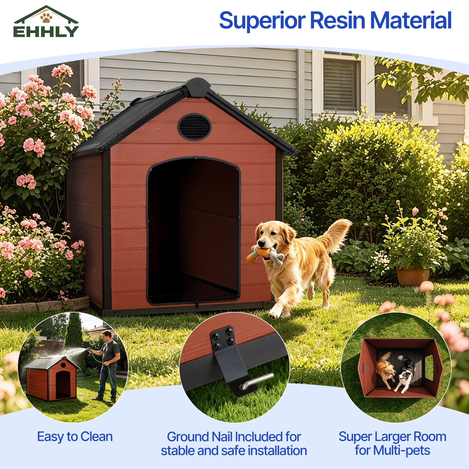 EHHLY 57" Extra Large Dog House Outdoor Weatherproof, 5XL Big Dog House for 2 Large Dogs Outside, Insulated Igloo Pet House with Elevated Floor, Extra Durable Resin Plastic, 4052XL,Rustic Brown,
