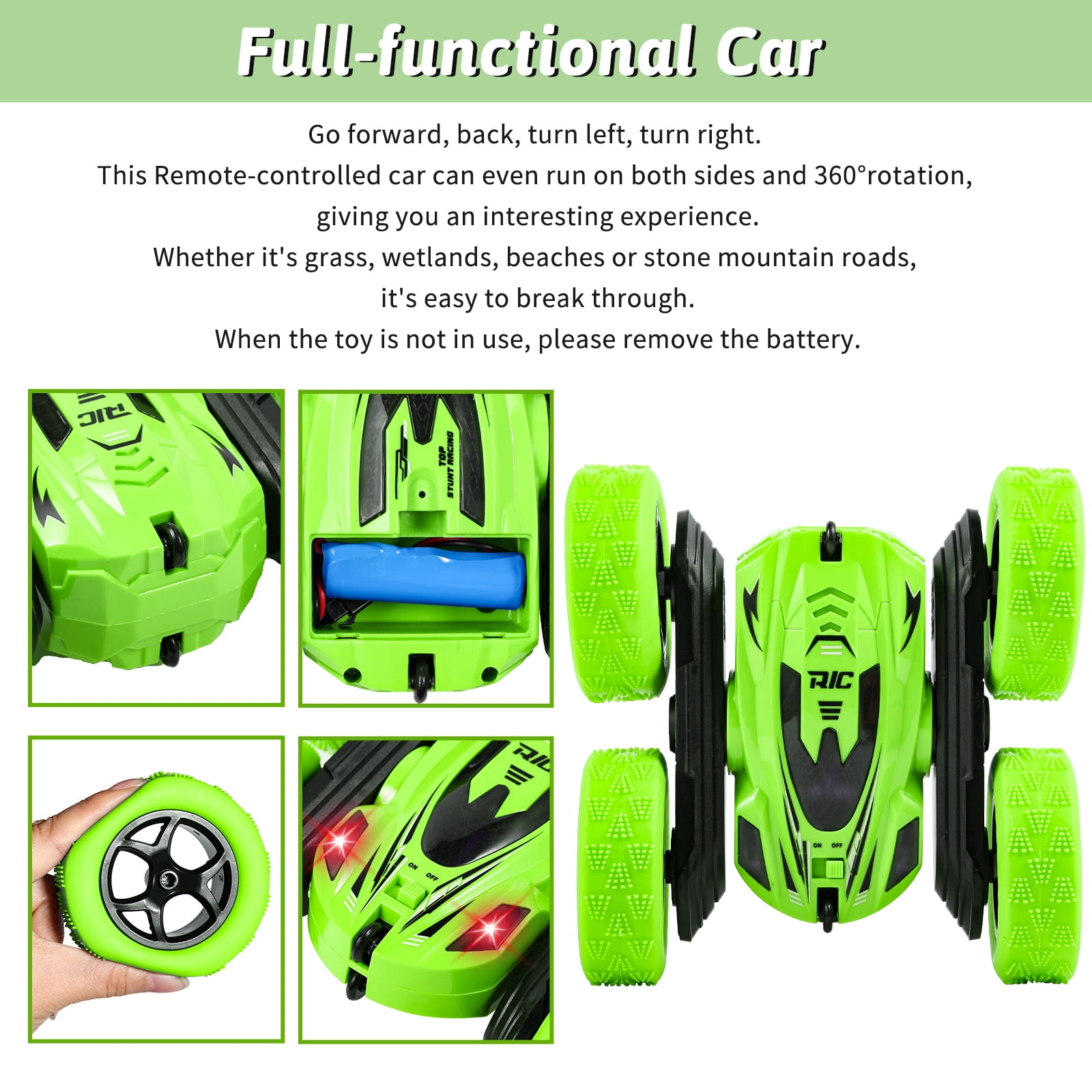 Remote Control Car,360 Flips Rotating Stunt RC Cars,Double Sided RC Car with LED Lights, 2.4Ghz All Terrain Rechargeable Electric Drift Car Birthday Christmas Gift Toys for Kids Boys Girls Green